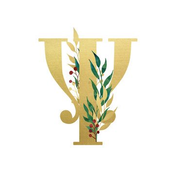 Golden Latin letter W in vintage church style with floral composition isolated