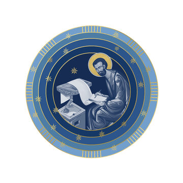 Mark the Apostle. Starry sky round illustration in Byzantine style isolated