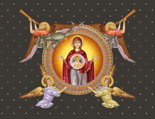 Obraz premium The Unbreakable Wall. Blessed Virgin Mary and Jesus Christ. Decorative vintage illustration with angels in Byzantine style