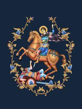 Saint Demetrius of Thessaloniki. Decorative vintage floral illustration in Byzantine style