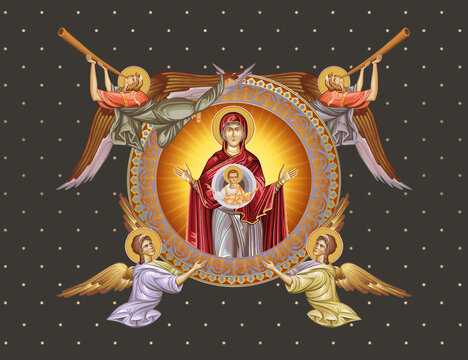 The Unbreakable Wall. Blessed Virgin Mary and Jesus Christ. Decorative vintage illustration with angels in Byzantine style