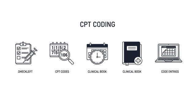 Medical CPT Coding Icon Set featuring clinical books and digital entries ideal for healthcare administration and billing education.