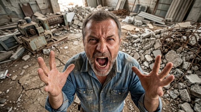 Angry man shouting in a ruined building