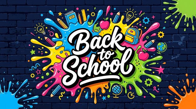 Back to school colorful paint splatter design on dark brick wall