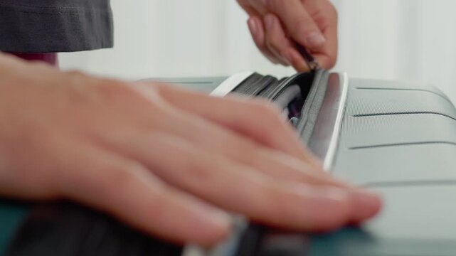 Hands are seen zipping up a suitcase. The suitcase is filled with clothes ready for a vacation. It shows preparation for a beach getaway.