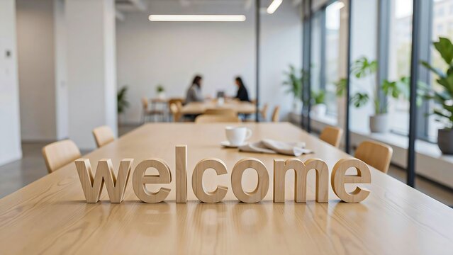 Wooden welcome text on office conference table in modern workplace interior