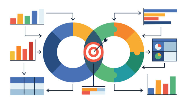 Business Analytics Infographic with Interlocking Charts and Target