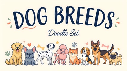Fototapeta premium Dog Breeds Doodle Illustration Set - Cute Puppy Cartoon Vector