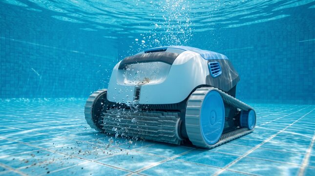 Automatic robotic pool cleaner working underwater in a blue tiled swimming pool, concept of maintenance and cleaning automation