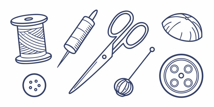 Set of five sewing and craft tools on white background, flat style scissors thimble spool of thread
