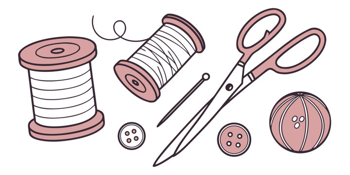 Set of five sewing and craft tools on white background, flat style scissors thread thimble