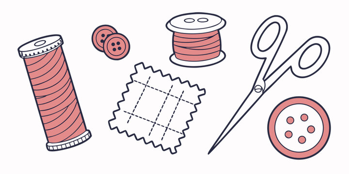 Set of five sewing and crafting tools on white background: scissors, tape measure, pincushion, spool of thread, and thimble
