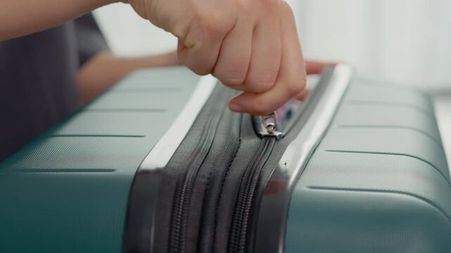 Hands are zipping a suitcase filled with clothes as preparations are made for vacation travel. The focus is on the act of securing the luggage for the trip.