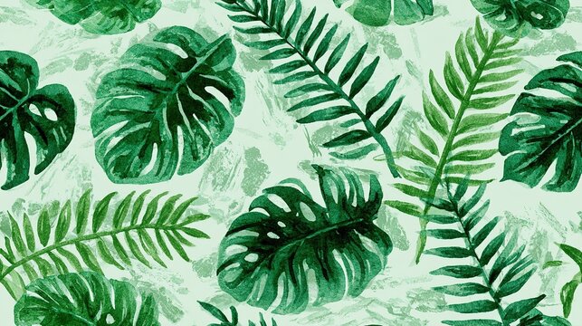 Close up seamless repeating tropical foliage watercolor pattern, hand painted green monstera leaves with cutouts and lobes paired with thin tapered fern fronds, pale muted green semi-transparent brush