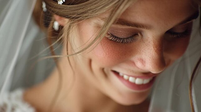 Smiling bride in wedding veil with natural makeup and elegant hairstyle, capturing joyful emotions, bridal beauty, wedding preparation, romantic celebration and timeless love