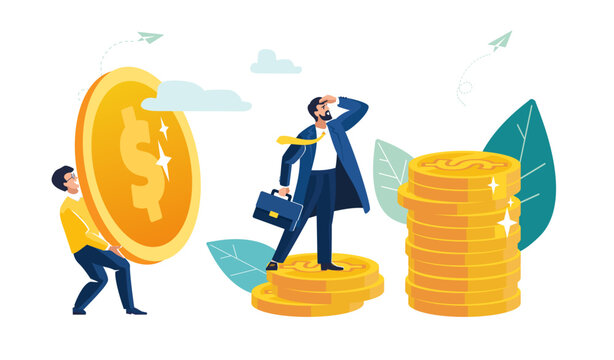 Businessman with briefcase analyzing income of dollar cents, African investor holding gold coin. Business finance, people. Economic growth from stock market or investment. Flat vector illustration
