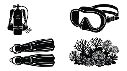Scuba Diving Equipment Silhouette Collection On White Background © TaskinRahman