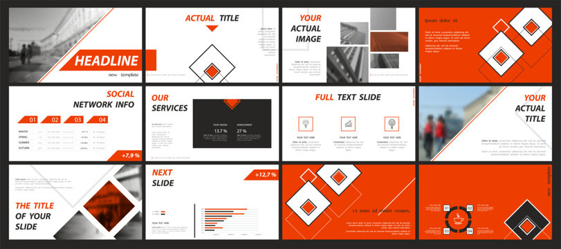 Business presentation template. Set, infographic elements, abstract red geometric design, white background. Office building, corporate photo, PowerPoint. Slideshow, annual report. Vector illustration
