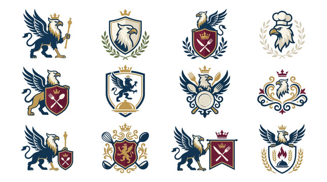 Luxury Heraldic Crest Collection with Griffin Eagle and Kitchen Utensils for Gourmet Restaurant