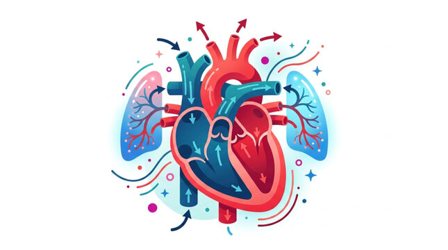 Stylized illustration of the human heart and lungs connected, showing blood flow with arrows against a clean white background, symbolizing vital systems and health