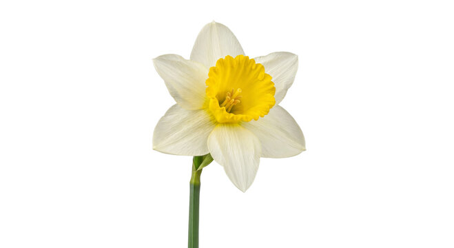 Single white daffodil flower with a bright yellow trumpet center on a white background