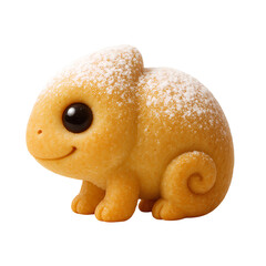 Fototapeta premium Cute chameleon shaped biscuit with big eyes sprinkled with powdered sugar isolated on white background