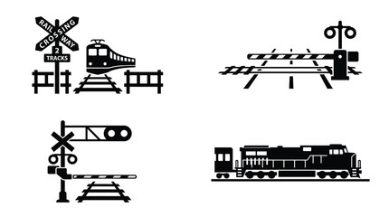 Railroad crossing signs and locomotive silhouette on a white background © TaskinRahman