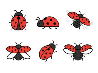 Fototapeta premium A collection of six cute cartoon ladybugs in various poses and flight stages.