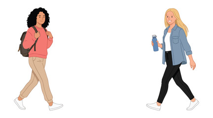 Obraz premium Two active women students walking with backpacks and water bottle students backpack education lifestyle