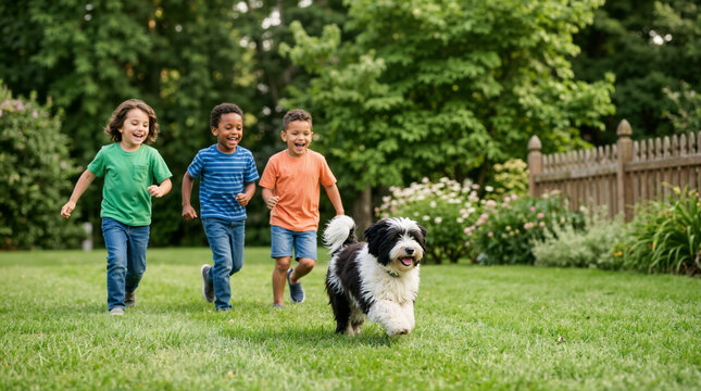 Three diverse young boys running and chasing a fluffy black and white Tibetan Terrier dog in a green backyard. Children playing with pet outdoors on a summer day
