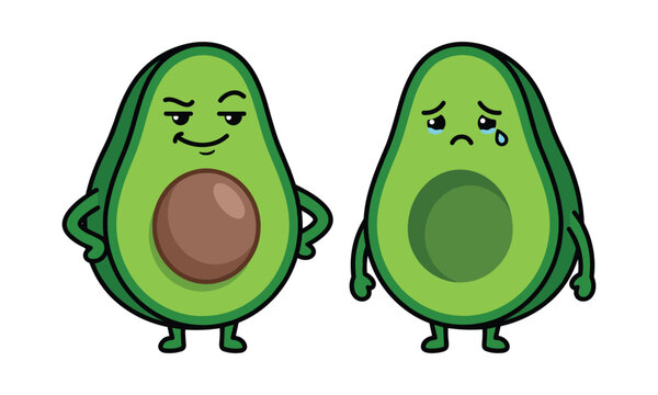 Cute cartoon avocado couple character illustration with one smirking with pit and one crying without seed