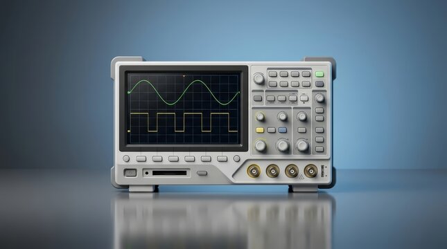 Digital oscilloscope 3D render, electronic waveform measurement system, laboratory signal analyzer, engineering testing instrument, industrial diagnostic equipment, precision electronics device