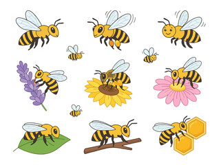 Fototapeta premium A collection of cute cartoon honey bees in various poses and activities.