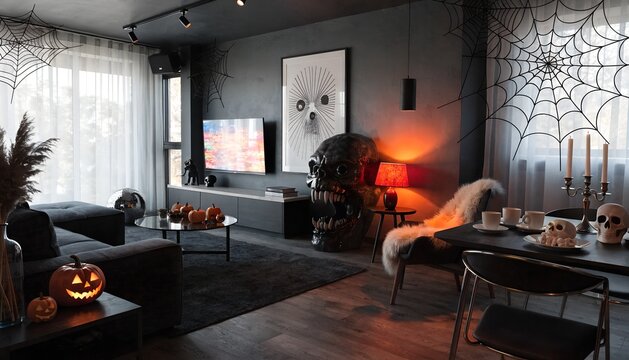 Cozy living room decorated for halloween party with pumpkins and skeleton decor