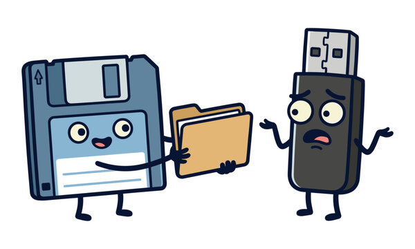 Cute cartoon floppy disk character passing a data folder to a confused shocked USB flash drive vector illustration