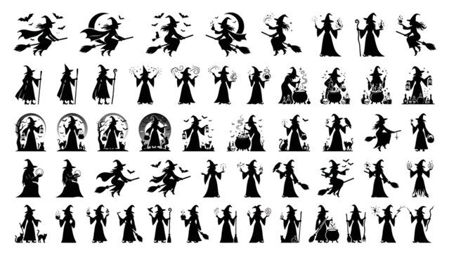 Halloween Witch Silhouette Collection Flying Broom Magic Vector Character Set