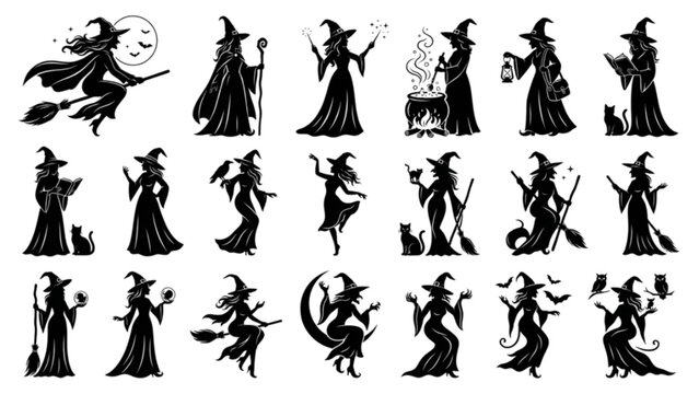 Halloween Witch Silhouette Collection Flying Broom Magic Vector Character Set