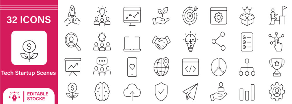 Tech Startup and Business Line Icons Set - 32 Editable Stroke Entrepreneurship, Growth, and Marketing Vector Elements