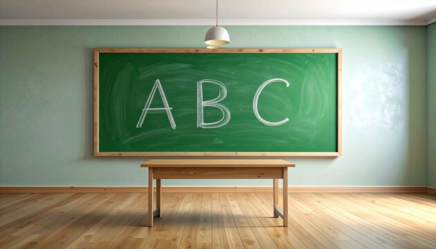 Green chalkboard with white chalk letters &ldquo;A B C,&rdquo; symbolizing learning, simplicity, and foundational education in a nostalgic classroom setting.