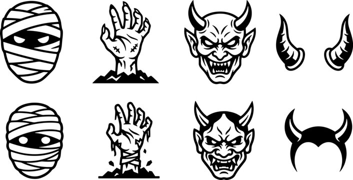 Set of eight creepy halloween icons including mummies hands demons and devil horns