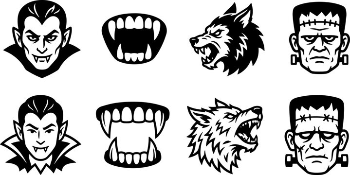 Collection of eight scary monster icons featuring vampires wolves and frankenstein