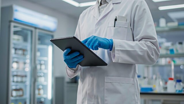 Scientist using digital tablet in modern laboratory with advanced research equipment