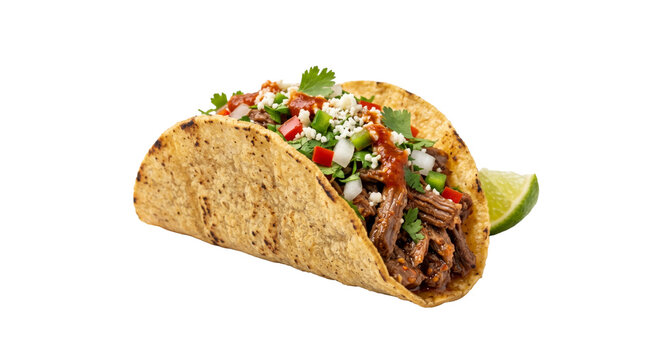 Delicious shredded beef taco with fresh toppings and a lime wedge