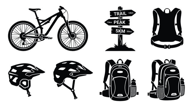 Mountain Bike Equipment Silhouettes On White Background