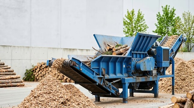 Large blue industrial wood shredder machine processing logs into chips. Heavy forestry equipment discharging mulch onto a pile via conveyor belt outdoors
