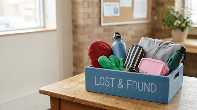 Blue wooden lost and found box filled with misplaced personal items. Collection of forgotten clothing water bottle keys and umbrella on a table