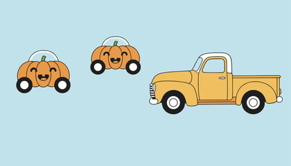 Obraz premium Two cute smiling pumpkin shaped cars driving behind a vintage yellow pickup truck on a light blue background for a fall theme.