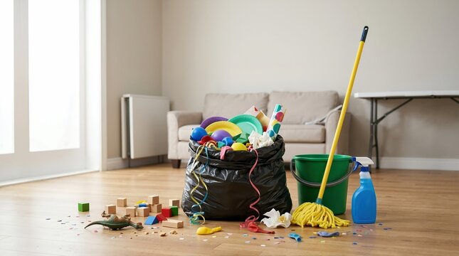 Party cleanup after kids. Messy living room floor with trash bag and cleaning supplies. Aftermath of children birthday party with toys and confetti scattered on wooden floor