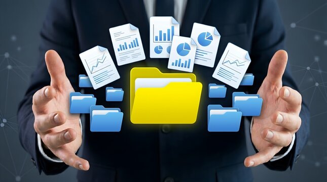 Document Management System DMS with Automated Filing Technology. Businessman Holding Documents and Folder Icons for Digital Organization