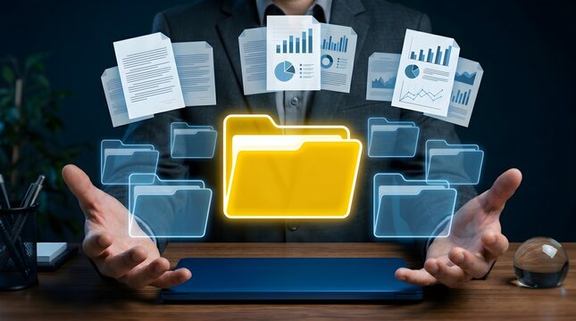 Document Management System DMS with Automated Filing Technology. Businessman Holding Documents and Folder Icons for Digital Management